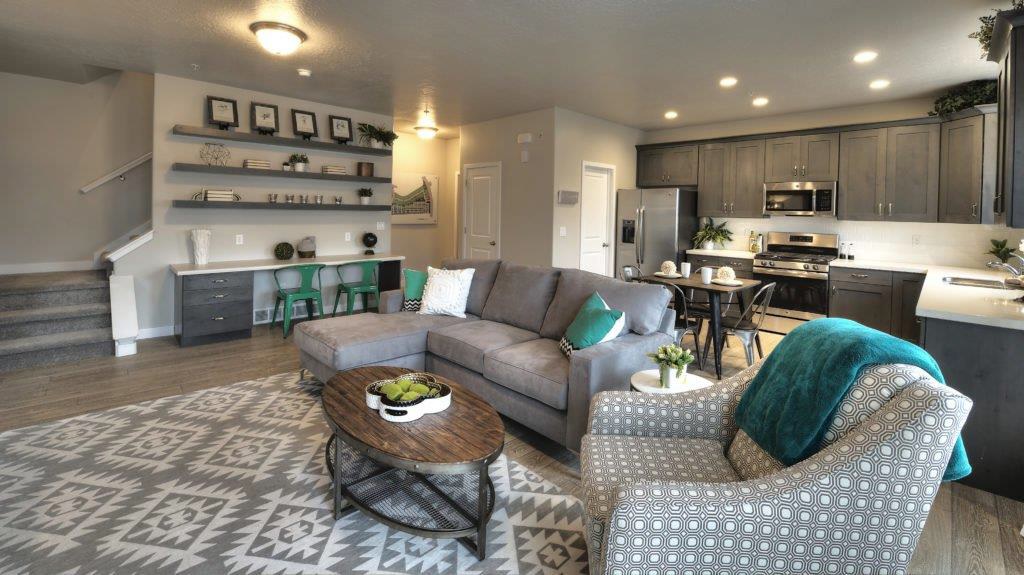 Modern living and dining area with two-tone wall paint